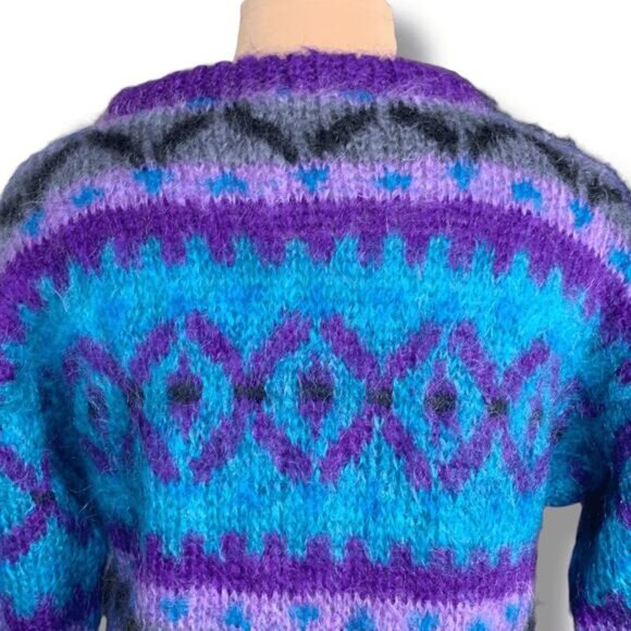 Vintage 90s Icelandic Design Mohair Wool Fair Isle Sweater Purple Blue Medium - Picture 6 of 9
